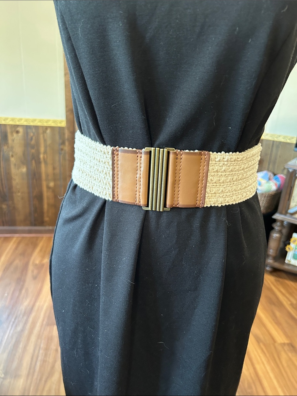 LOFT Cream Woven Elastic Belt with Brown Leather Accents